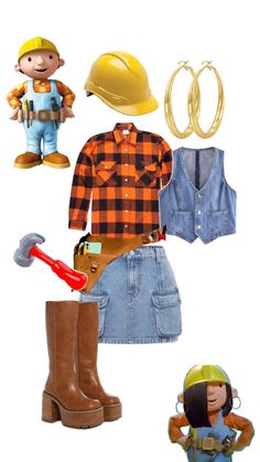 a woman wearing overalls and boots with construction gear