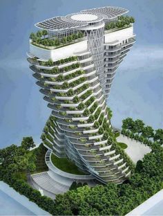 a tall building with lots of green plants growing on it's sides, surrounded by trees