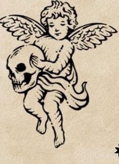 an angel holding a skull on top of a piece of paper