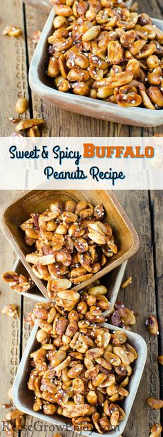 sweet and spicy buffalo roasted peanuts recipe in a baking pan on a wooden table with text overlay