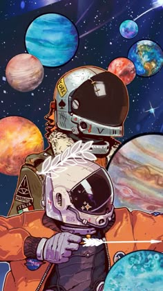 an astronaut with planets in the background