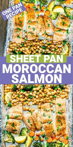 sheet pan moroccan salmon with broccoli, chickpeas and lemons on the side