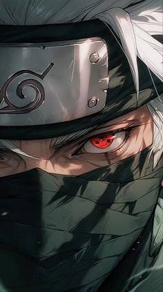 an anime character with red eyes wearing a helmet