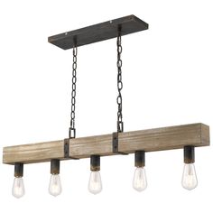 a wooden light fixture with three bulbs hanging from it's sides and two lights on each