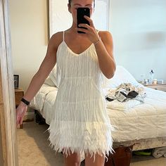 Brand New, Only Wore To Try On. Elegant Summer Flapper Dress With Feather Trim, White Glamorous Flapper Dress For Wedding, Summer Wedding Dress With Feathers, Elegant Summer Wedding Flapper Dress, White Fringe, Fringe Dress, Feather Dress, Wedding Board, Dress White