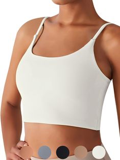 PRICES MAY VARY. 【SKIN-FRIENDLY FABRIC】: 20% Lycra, 80% Nylon. Added Lycra fibre for shape retention. Soft fabric that is friendly to skin was used in this longline bra. The ductility and elasticity of this sports bra tank are very strong, you’ll find this padded crop top is still like a new one after many times wearing. These workout tank top is buttery soft, smooth, stretchy, moisture-wicking, amazing fit and lightweight. 【COMFORTABLE DESIGN】: Longline spaghetti straps and pullover designed wi Sports Cami Crop Top With Built-in Bra, Training Tops With Built-in Bra In Seamless Fabric, Sports Tank Crop Top With Built-in Bra, Sporty Camisole Sports Bra With Built-in Bra, Cami Sports Bra With Built-in Bra For Gym, Sports Camisole With Built-in Bra And Stretch, Sleeveless Crop Top With Built-in Bra, Compression Tank Sports Bra With Seamless Construction, Medium Support Cami Sports Bra With Built-in Bra