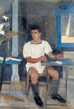 a painting of a man sitting in front of a table with papers and flowers on it