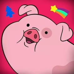 a pink pig with stars and a rainbow in the background