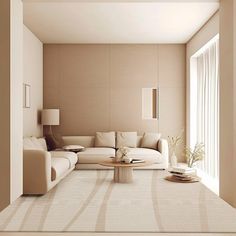 a modern living room with white furniture and beige walls, carpeted flooring is the focal point in this photo