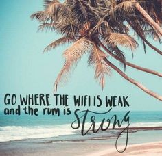 a beach with palm trees and the words go where the wifis weak and the rum is strong