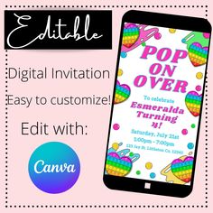 a phone with the text pop on over, and an image of a rainbow cake