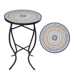 two tables with colorful designs on them and one has a metal stand for the table