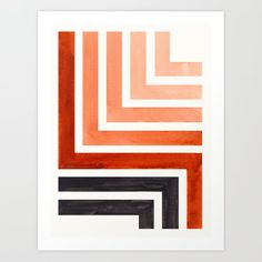 an orange and black abstract art print on white paper with red, black, and grey lines