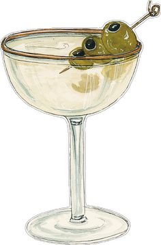 an olive in a martini glass on a white background