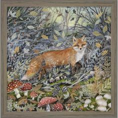 a painting of a fox in the woods surrounded by mushrooms and other wildflowers