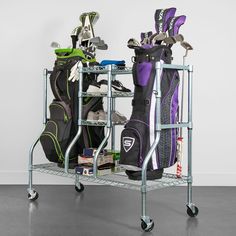 a rack with golf bags and clubs on it