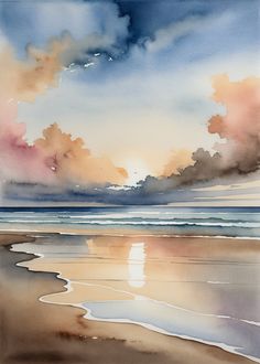 a watercolor painting of the ocean with clouds in the sky and sun reflecting on the wet sand