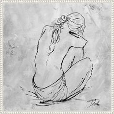 a black and white drawing of a woman sitting on the ground with her head in her hands