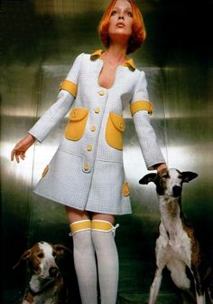 Courrèges 1970 A Woman, Tights, Stockings, Couture, Yellow, Dogs, Wall, Clothes