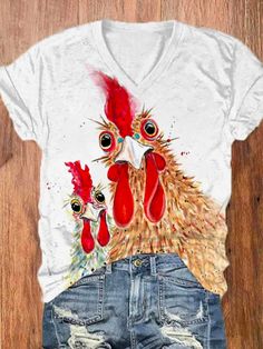 Product Title :Women's Fun Chicken Print V-Neck Loose V Neck Casual T-Shirt Product Measurements cm Size US Waist Bust Hip S 6-8 70-74 88-92 96-100 M 10 75-78 93-96 101-104 L 12 79-84 97-102 105-110 XL 14 85-90 103-108 111-116 XXL 16 91-96 109-114 117-122 Product Details Clothes Length:Regular Sleeve Length:Short sleeve Edition type:Loose Waistlines:Natural Elasticity:No Elasticity Silhouette:H-Line Thickness:Regular Size Type:Regular Size Neckline:V neck Activity:Daily,Vacation Material:Jersey Chicken Print, Birthday Travel, Chicken Shirts, Animal Fashion, Casual T Shirt, Animal Pattern, Summer Colors, Casual T Shirts, Animal Lover