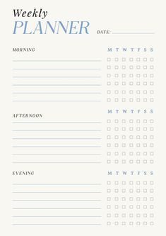 a printable weekly planner with blue lines on the front and bottom, in white