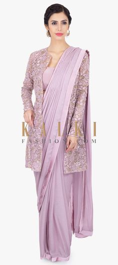 Buy Online from the link below. We ship worldwide (Free Shipping over US$100)  Click Anywhere to Tag Lavender shimmer chiffon pre stitched saree paired with a long embroidered net jacket only on Kalki Lavender shimmer chiffon pre stitched saree with crepe border.Comes with a satin georgette strap blouse .Further enhanced with matching embroidered net long jacket in sequins and thread embroidery . Pre Stitched Saree, Net Jacket, Saree Jacket Designs, Long Blouse Designs, Strap Blouse, Stitched Saree, Saree Wearing Styles, Blouse Designs Indian, Unique Blouse Designs