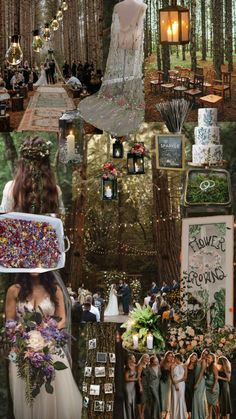 a collage of wedding photos and decorations in the woods