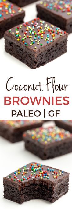 chocolate brownies with sprinkles on top and the title coconut flour brownies paleo gf