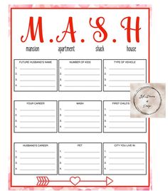 a printable mash game with hearts and arrows on the side, in red