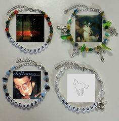 four different bracelets with pictures on them