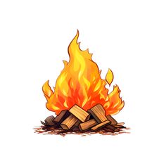 a cartoon fire with flames coming out of it's sides and logs on the ground