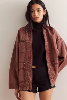 We The Free Easy That Canvas Jacket | Free People Cute Womens Jackets, Oversize Black Jean Jacket Outfit, Womens Chore Jacket, Women’s Fall Style, Jacket Types Women, Waffle Jacket Outfit, Free People Fall 2024, Hippy Office Wear, Canvas Jacket Outfit Women