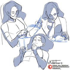 three different poses of a woman holding a glass and looking at her cell phone, with another drawing in the background