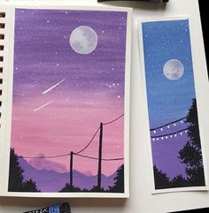 two pictures of the same night sky with mountains and power lines painted on them, one is purple and the other is blue