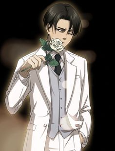 a man in a white suit holding a flower