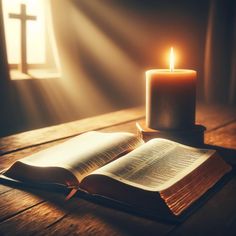 an open book sitting on top of a wooden table with a lit candle next to it