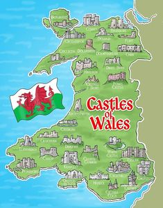 an illustrated map of wales with the flag and coat of arms in red, white and green