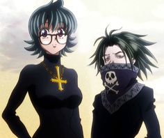 two anime characters with black hair and cross on their heads, one is wearing glasses