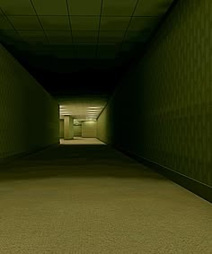 an empty hallway with green walls and carpeted flooring is seen in this image