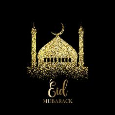 the eid mubarak greeting card with gold glitters and mosque silhouette on black background