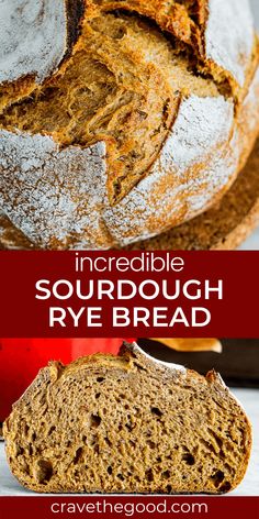 a loaf of sourdough rye bread with apples in the background and text overlay that reads incredible sourdough rye bread