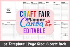 the craft fair planner printable is shown in three different colors and sizes, with text that