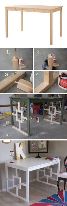 there are several pictures of the same table in different stages of being built and assembled