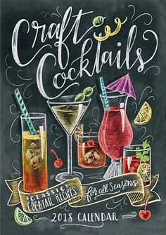 a chalkboard drawing of cocktails with the words crafty cocktails on it