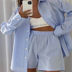 Lounge Wear Shorts, Long Sleeve Summer Shirts, Short Pants Outfit, Y2k Kawaii, Tracksuit Outfit, Stripe Long Sleeve, Striped Long Sleeve Shirt, Mini Short, Tracksuit Women