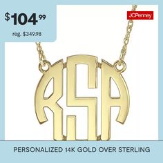 Give your look a more personal touch with a 14K gold over sterling silver round monogram necklace designed in hand-drawn block letters. Initials will appear exactly as entered. Must be three letters, center initial will be enlarged. Made in America.Pendant Size: 25mm diameterPersonalize: Initials will appear exactly as entered. Must be three letters, center initial will be enlarged.Features: Personalized, MonogrammableJewelry Closure: Spring Ring ClaspShape: RoundMetal Color: YellowChain Length… Round Monogram, Block Letters, Monogram Necklace, Block Lettering, Necklace Designs, Spring Rings, Personal Touch, Pendant Necklaces, Hand Drawn