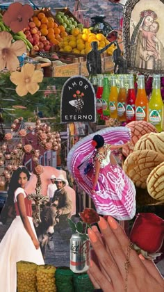 a collage of photos and images with food, drinks, and people in the background