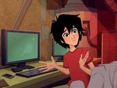 an animated image of a young boy in front of a computer screen with his hands up