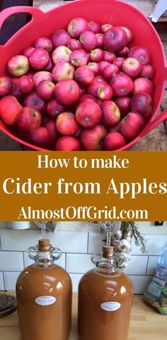 apples are in a red bowl and on the counter next to two jugs of cider from apples