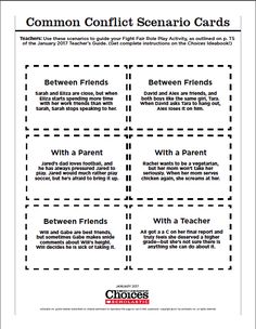 a printable common conflict card with the words between friends and parents, which are in red